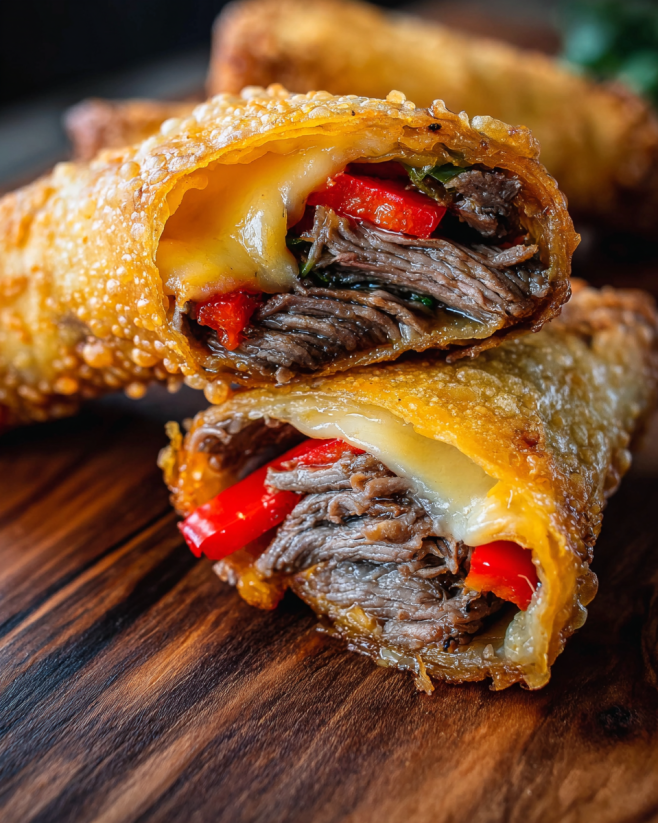 Ein Philadelphia Cheesesteak Egg Roll auf einem Holzblock.