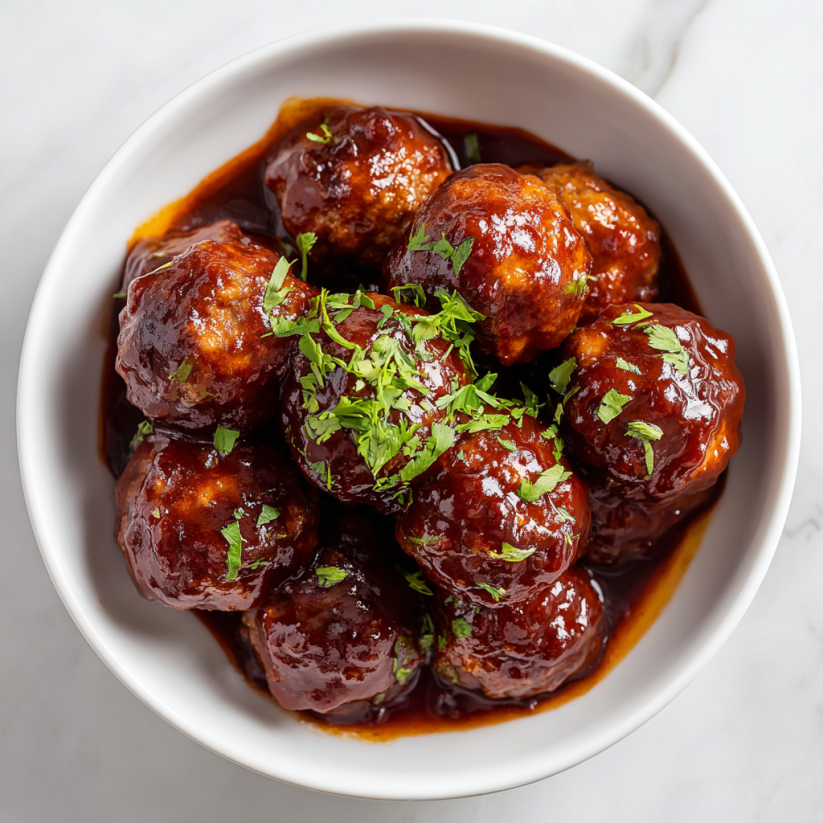 Ein weißer Teller mit Keto BBQ Meatballs.
