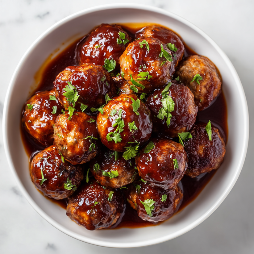 Ein weißer Teller mit Keto BBQ Meatballs, die in einer Sauce mit Zwiebeln und Gewürzen serviert werden.