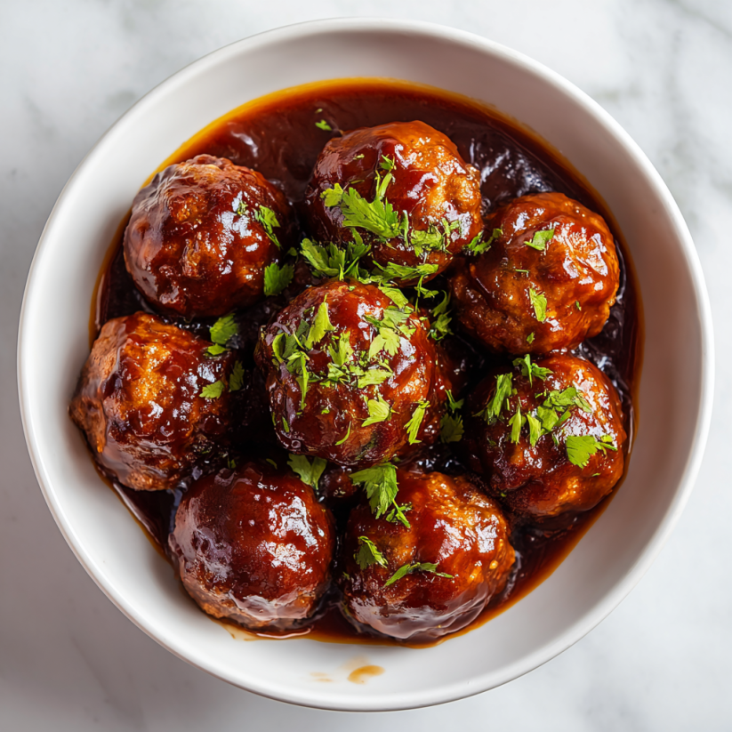 Ein weißer Teller mit Keto BBQ Meatballs.