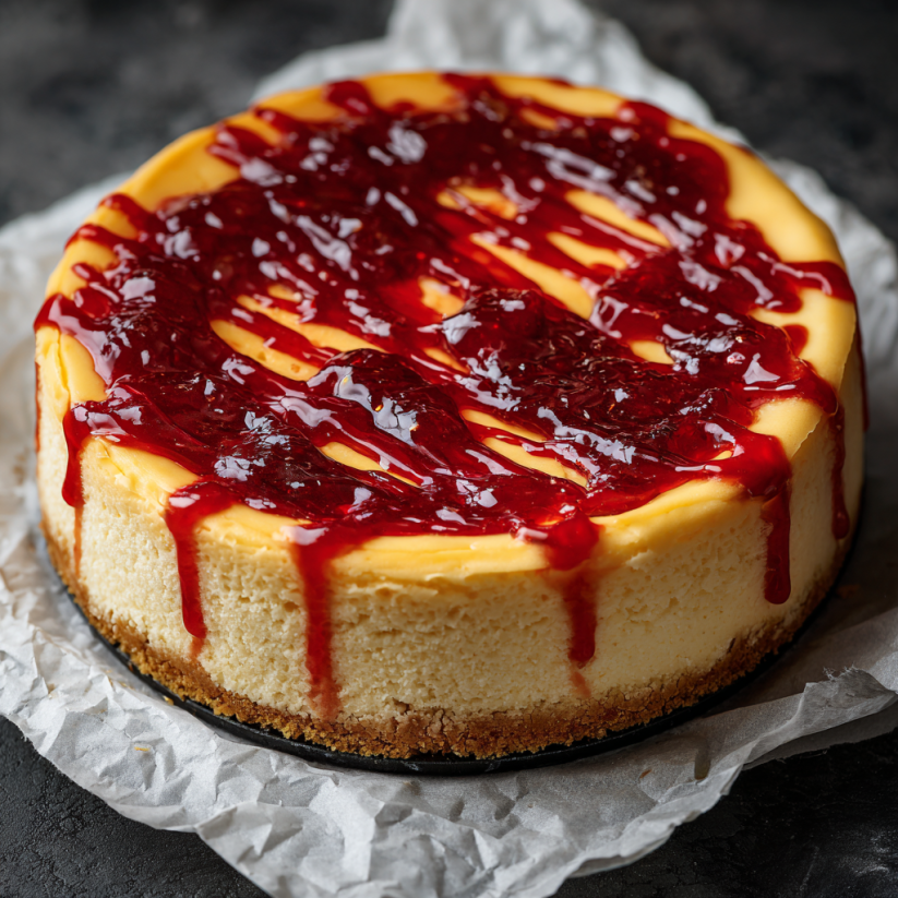 Ein Poison Apple Cheesecake mit einer Schicht aus Schokolade und einer Schicht aus Zitrusfrüchten.