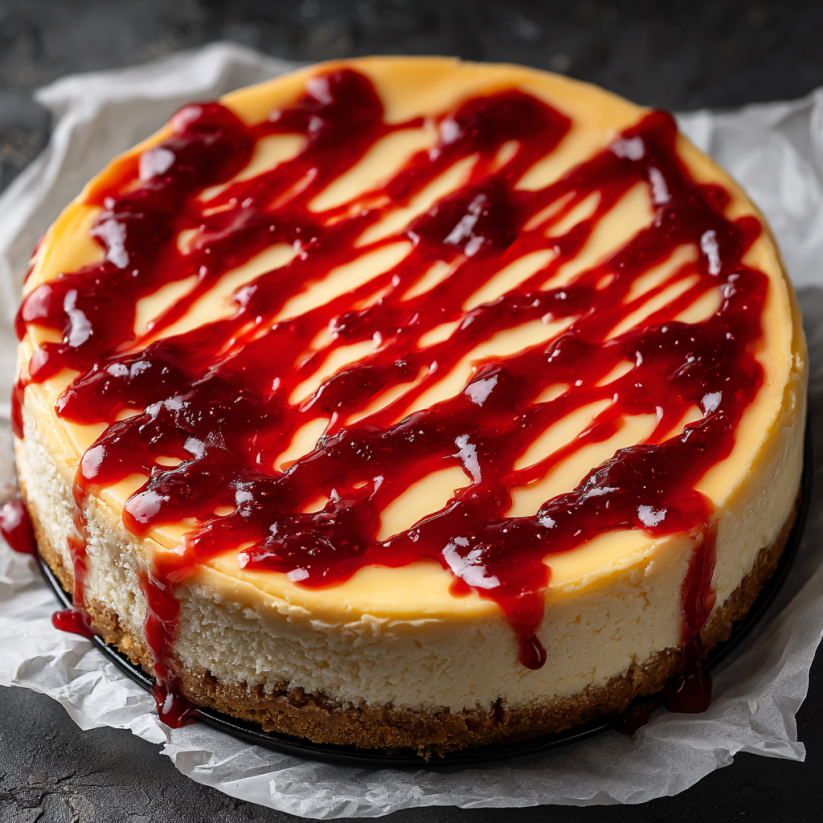 Ein Poison Apple Cheesecake mit einer Schicht aus roter Zitrone und einer Schicht aus cremiger Sahne.