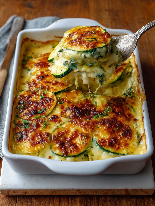 Ein Baked Zucchini Casserole mit Zucchini, K&auml;se und Spinat.