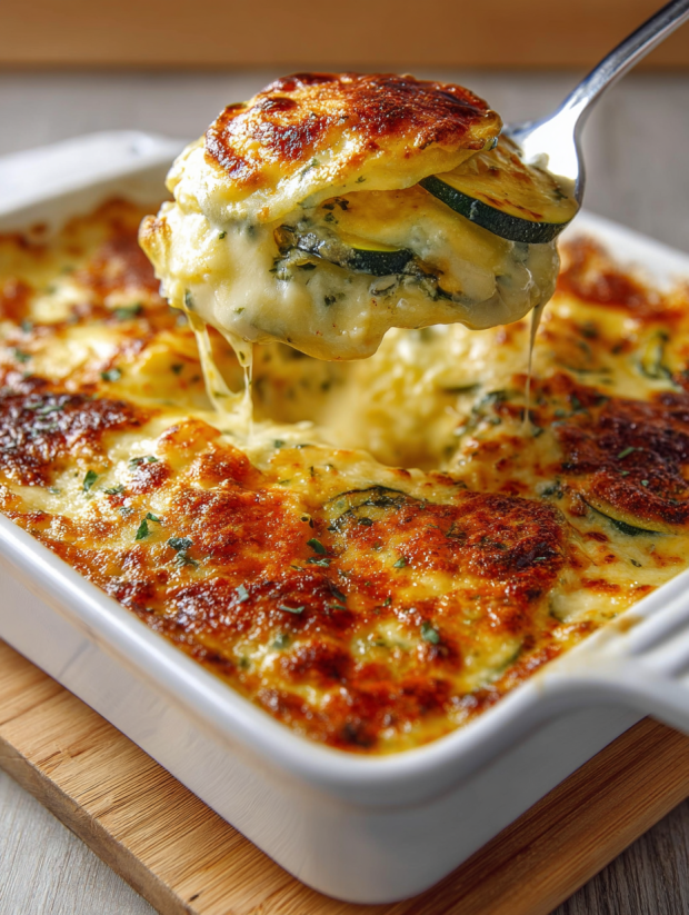 Eine Schüssel mit Zucchini Casserole, die mit Zwiebeln und Käse zubereitet wurde.