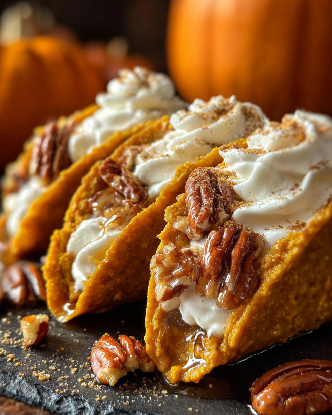 Ein Bild von Pumpkin Pie Tacos, die auf einem Tisch liegen.