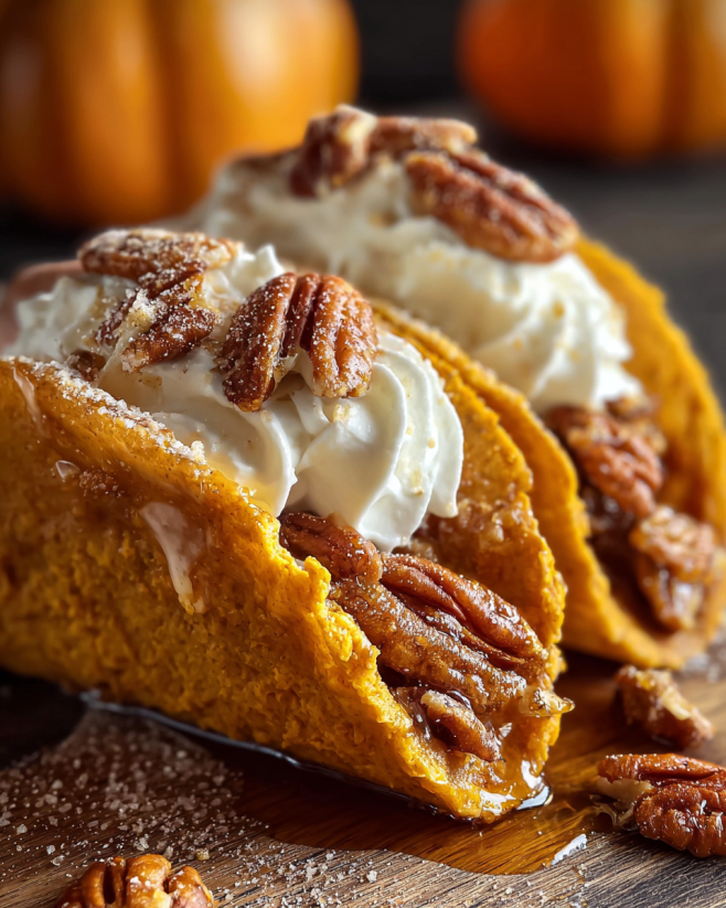 Ein Bild von Pumpkin Pie Tacos, die mit Baumwolle und Vanilleeis garniert sind.