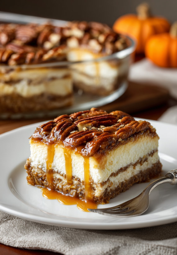 Ein Stück Pecan Pie Lasagna auf einem weißen Plate.