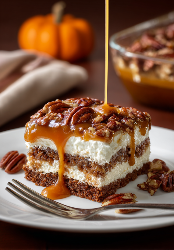 Ein Stück Pecan Pie Lasagna auf einem Teller.