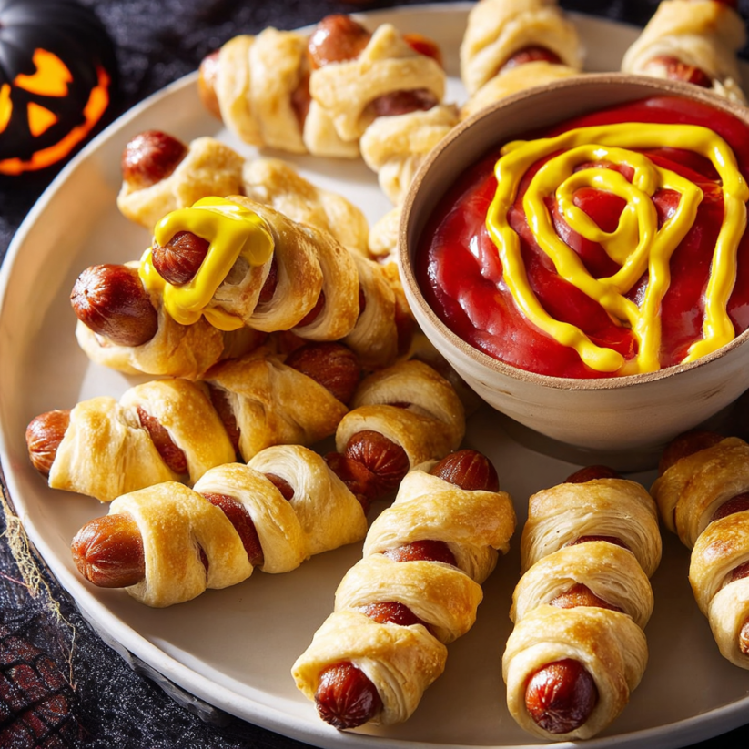 Ein Plate mit Hot Dogs und Pasta.