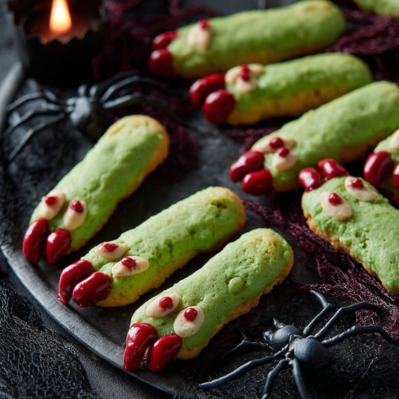 Eine Platte mit Witch Finger Cookies, die aus einer Kombination aus Teig, Zucker und Zutaten hergestellt wurden. Die Cookies sind mit Zuckerkonfekt und Zahnpasta verziert und haben eine Halloween-Thematik.
