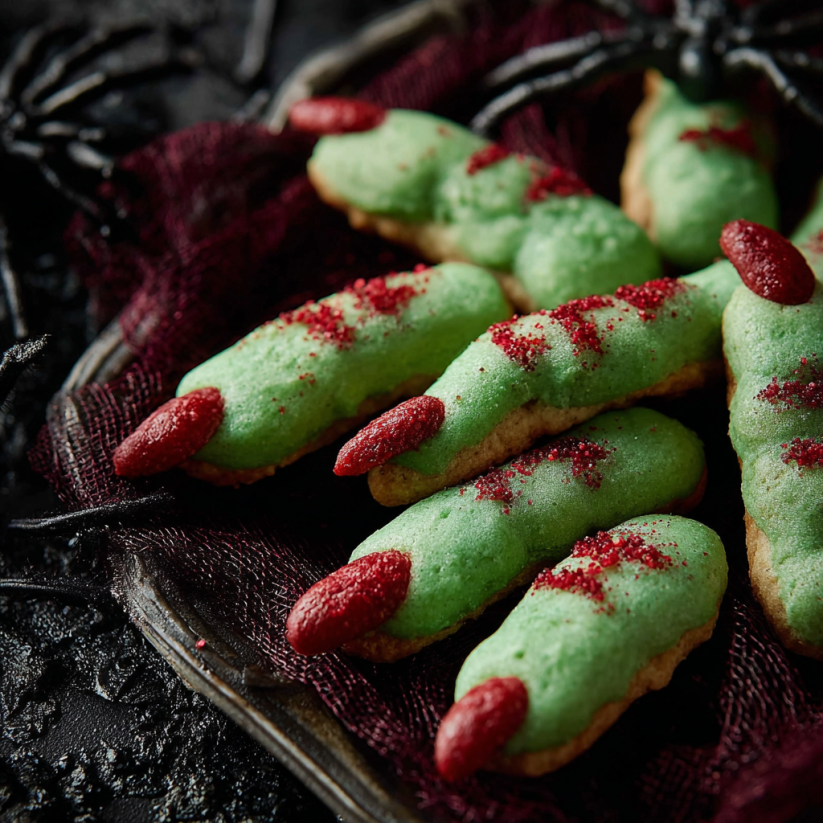 Ein Bogen Witch Finger Cookies mit roten und grünen Zutaten.