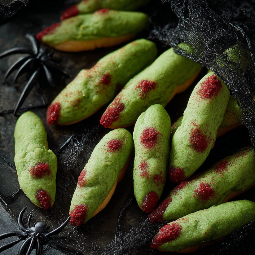 Witch Finger Cookies: Eine Gruppe von grünen, roten und weißen Witch Finger Cookies, die auf einem Tisch liegen.