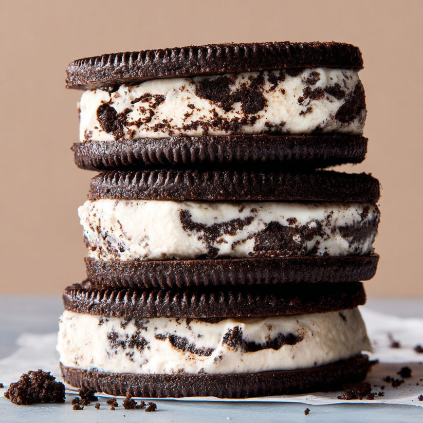 Eine Schicht von Oreo Eiscream Bars, die in einer Reihe auf einem Tisch liegen.