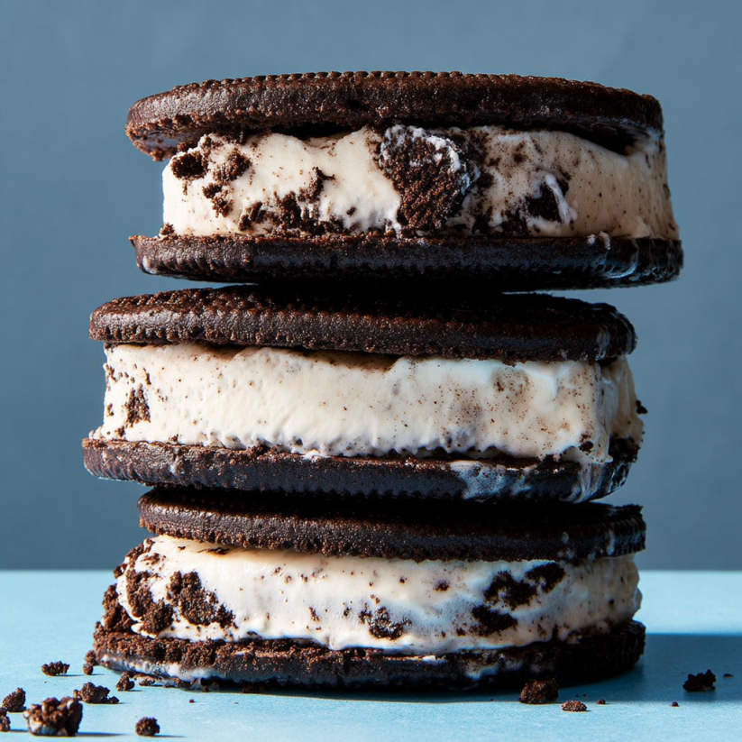 Eine Schicht von Oreo Eiscream Bars auf einem blauen Tisch.