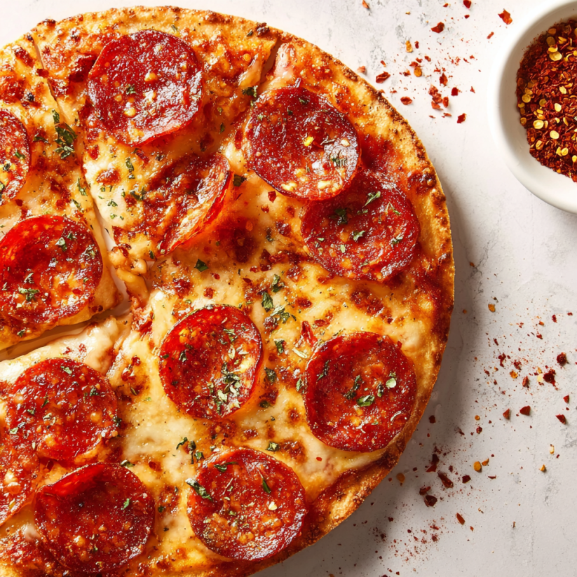 Eine Pizzadilla mit Pepperoni und Tomaten auf einem Teller.