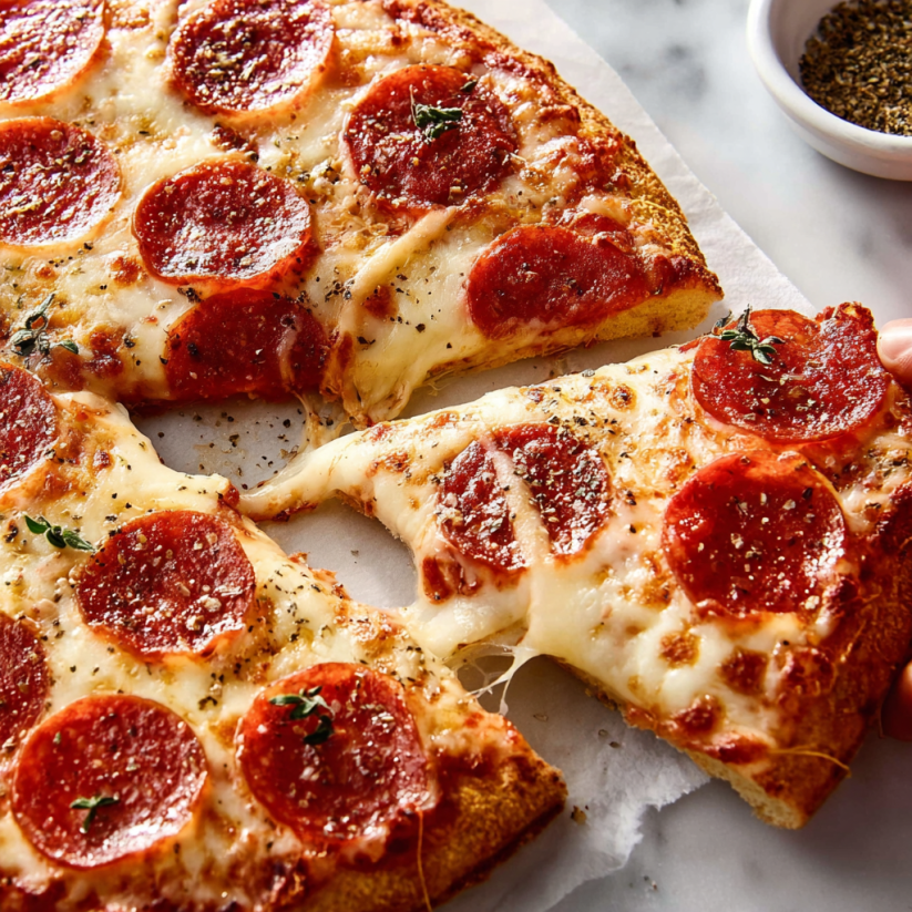 Eine Pizzadilla auf einem Teller, die in zwei Teile geteilt wurde.