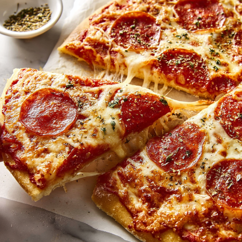 Eine Pizzadilla auf einem Teller, die in zwei Teile geteilt wurde.