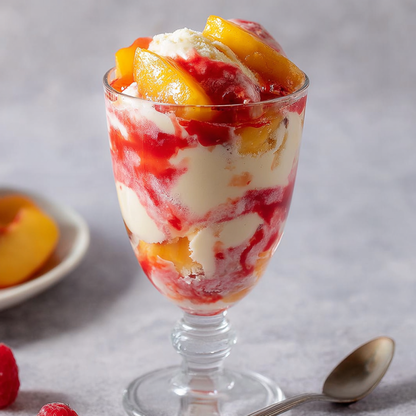 Ein Glas mit Peach Melba, das aus Peach, Vanille und Schlag creme besteht.