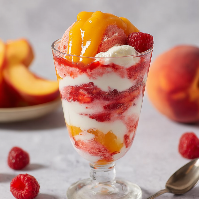 Ein Glas mit Peach Melba, das aus einer Mischung aus Peach, Vanille und Schlag creme besteht.