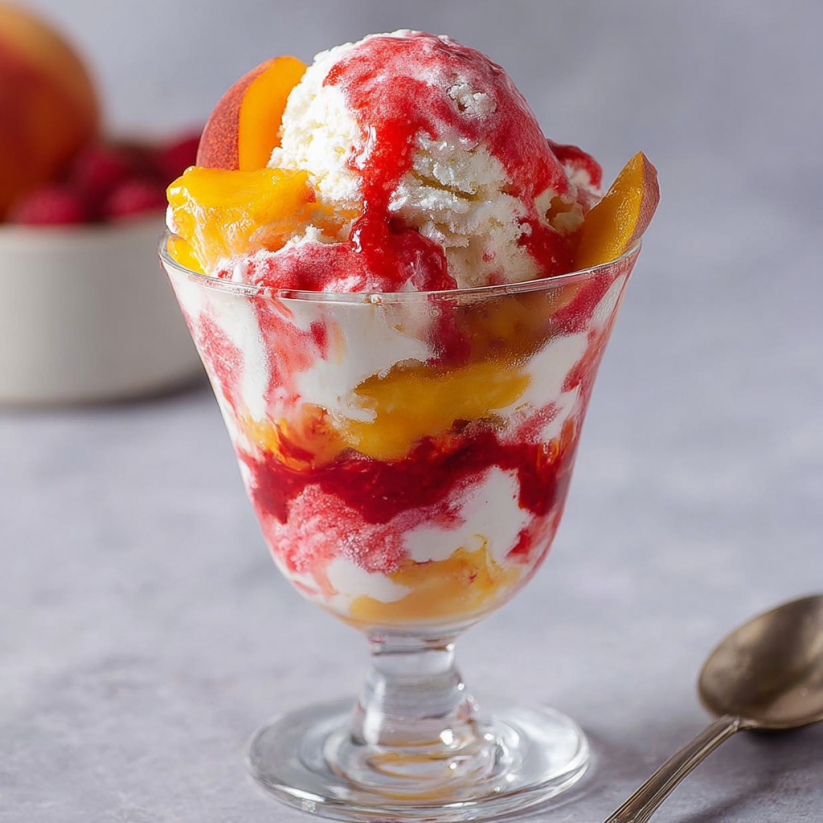 Ein Glas mit Peach Melba, das aus einer Mischung aus Peach, Vanille und Schlag creme besteht.