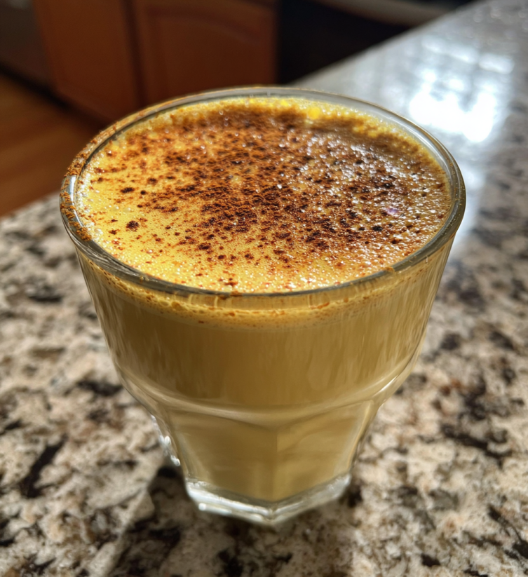 Ein Glas mit Eggnog, das auf einem Tisch steht.