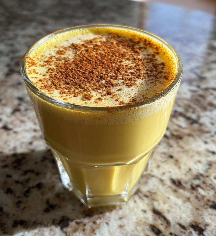 Ein Glas mit Eggnog, das mit Zucker und Zimt zubereitet wurde.