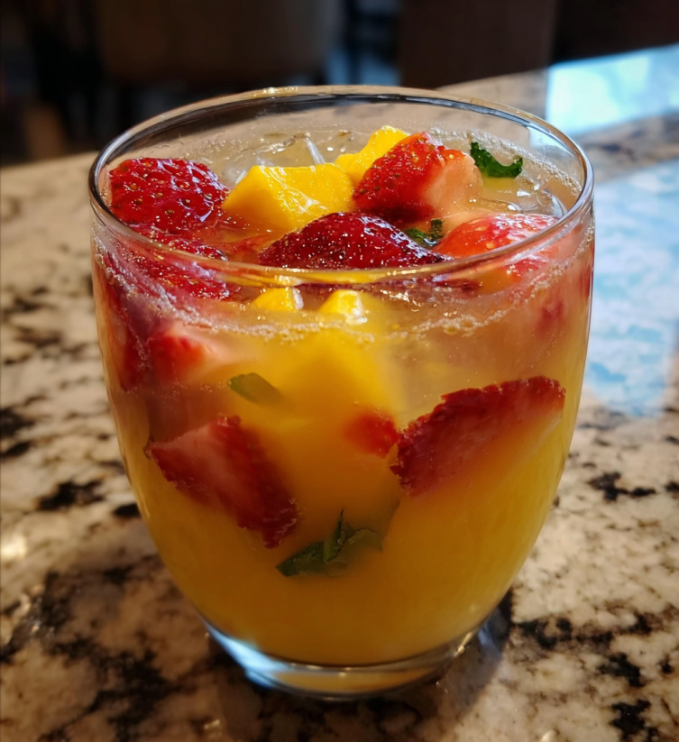 Ein Glas mit tropischem Pineapple-Lemonade-Punch, der aus Strawbergen, Zitrusfrüchten und anderen Zutaten gemacht ist.