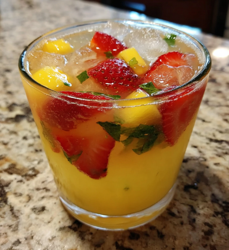 Ein Glas mit tropischem Pineapple-Lemonade-Punch, der mit Strawbergen und Zitrusfrüchten zubereitet wurde.