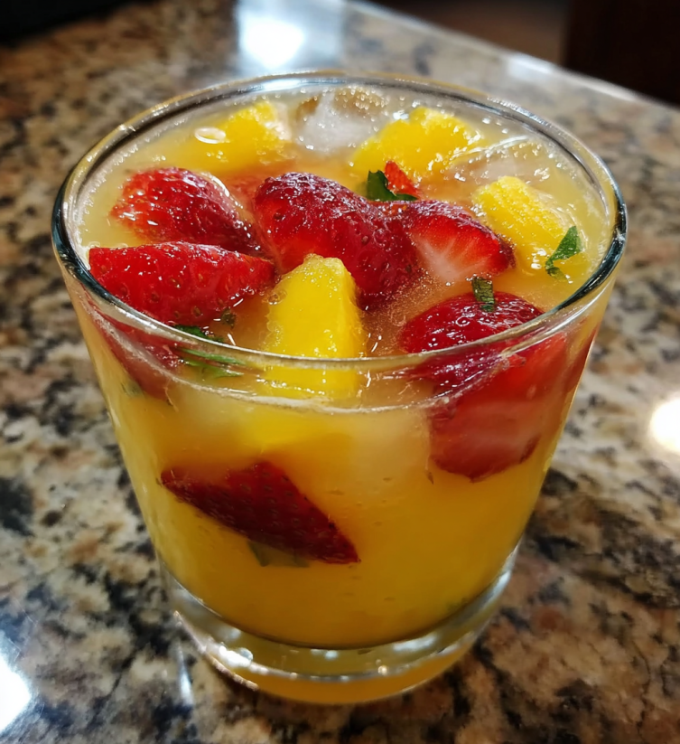 Ein Glas mit tropischem Pineapple-Lemonade-Punch, der mit Strawbergen und Zitrusfrüchten gefüllt ist.