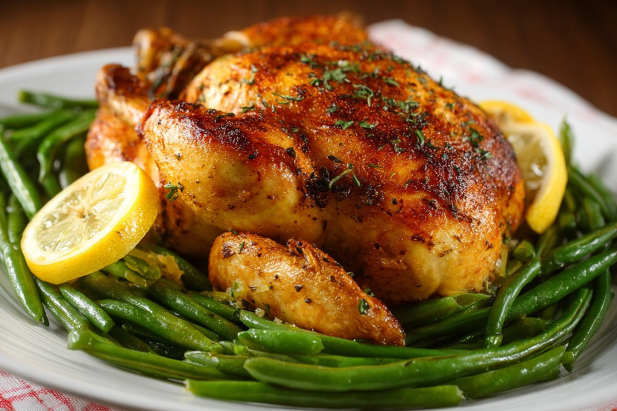 Ein gegrilltes Hähnchen auf einem Teller.