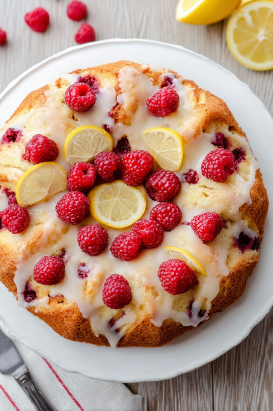 Ein Raspberry Coffee Cake mit Raspberrys und Zitronen.