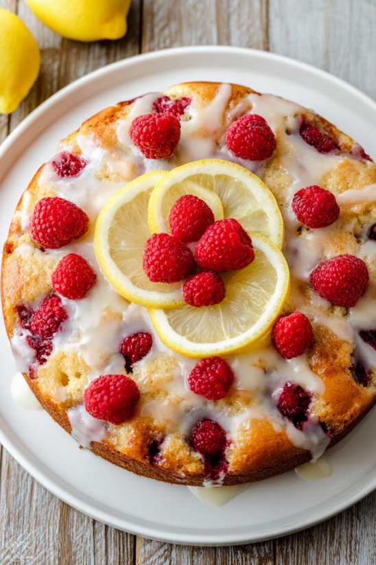 Ein Raspberry Coffee Cake mit Raspberrys und Zitronen.