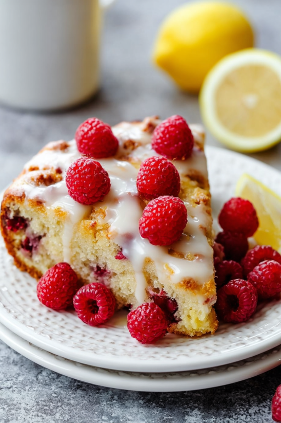 Ein Stück Raspberry Coffee Cake mit Raspberrys auf einem weißen Plate.