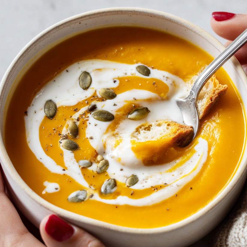 Ein weißer Teller mit Pumpkin Soup, der mit einer Gabel gestochen wird.