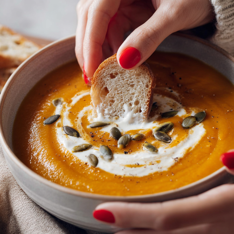 Eine Person hält eine Schüssel mit Pumpkin Soup und nimmt einen Breadstick daraus.