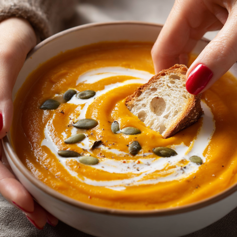 Eine Hand greift in ein Becher voll Pumpkin Soup.