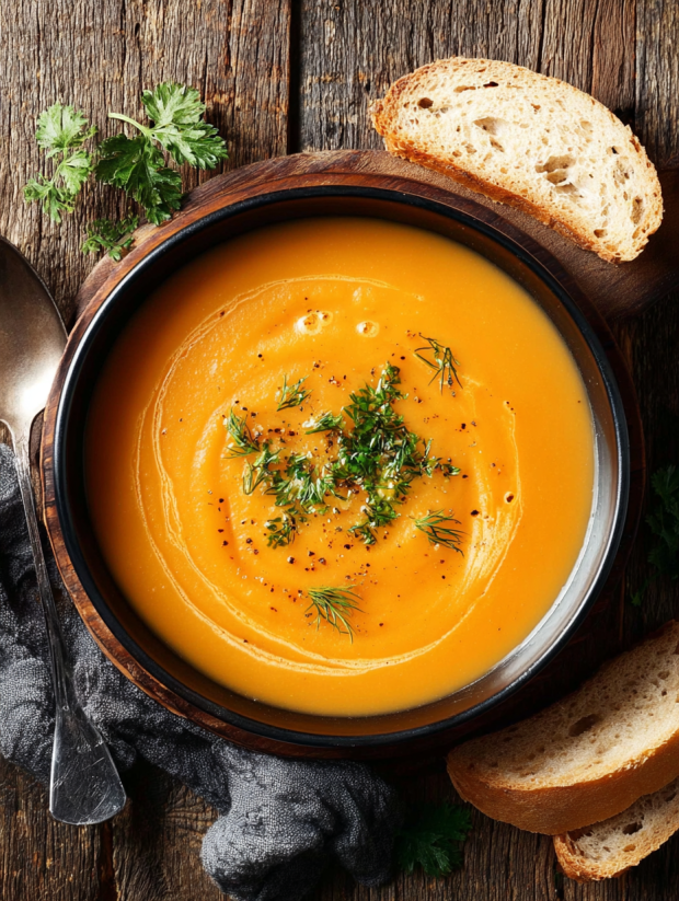 Eine Schüssel mit einer Kürbissuppe, die mit Zwiebeln und Gewürzen garniert ist.