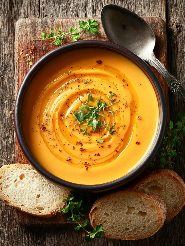 Ein Glas Omas Kürbissuppe mit einer Schüssel, in der eine Suppe mit Kürbis, Zwiebeln und Gewürzen gegeben ist.
