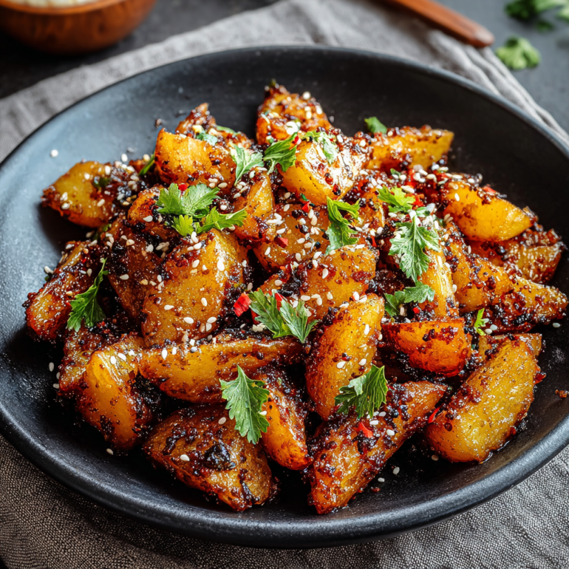 Ein schönes Bild von Knusprigen Honig-Chili-Kartoffeln auf einem schwarzen Teller.