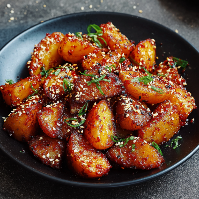 Ein schwarzer Teller mit knusprigen Honig-Chili-Kartoffeln.