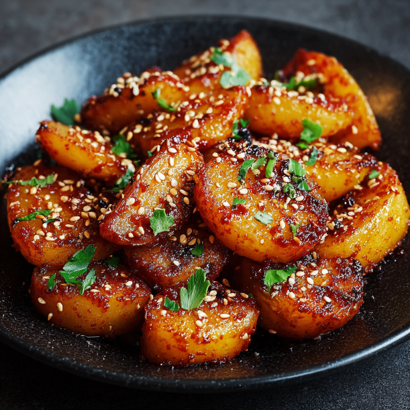 Ein schwarzes Plate mit knusprigen Honig-Chili-Kartoffeln.