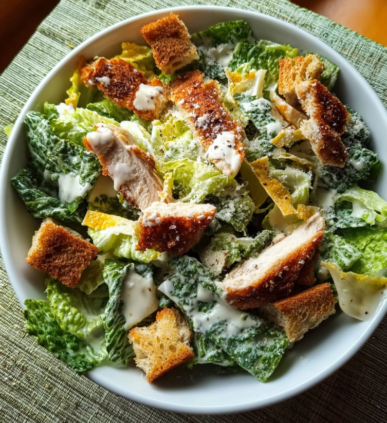 Ein weißer Teller mit einer Salatgarnitur, die aus Chicken, Lettuce, Tomaten, Parmesan und Croutons besteht.