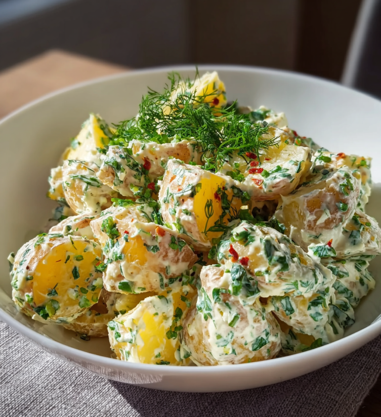 Ein weißer Teller mit einer Mischung aus Kartoffeln und Zwiebeln, die in einer Salatschüssel serviert werden.