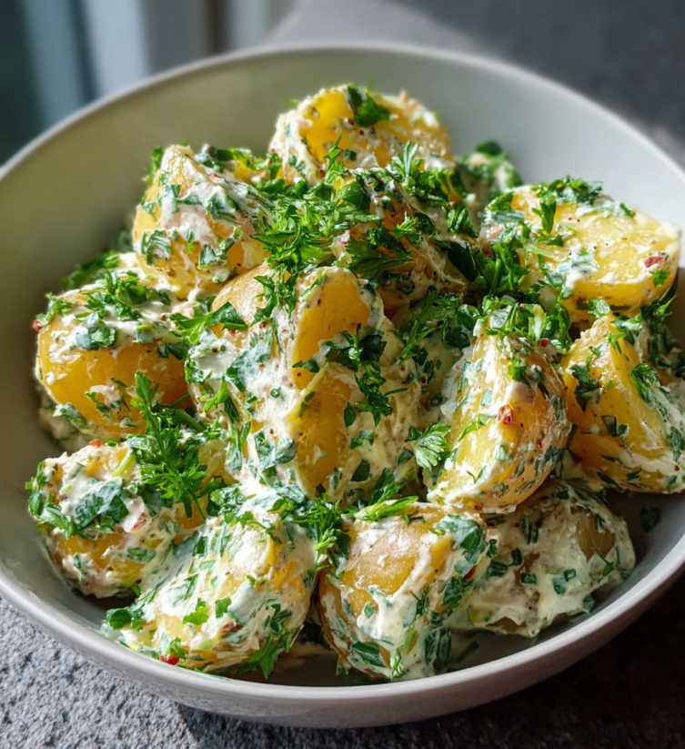 Ein weißer Teller mit einer Mischung aus Kartoffeln und Zwiebeln, die in einer Salatschüssel serviert werden.