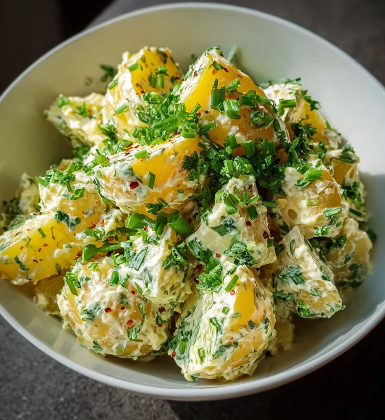 Ein weißer Becher mit einer Mischung aus Kartoffeln und Zwiebeln.