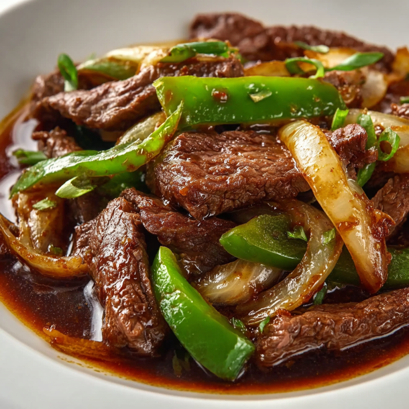 Ein Bild von einer chinesischen Pepper Steak mit Onions, die in einem Topf auf einem Teller serviert werden.