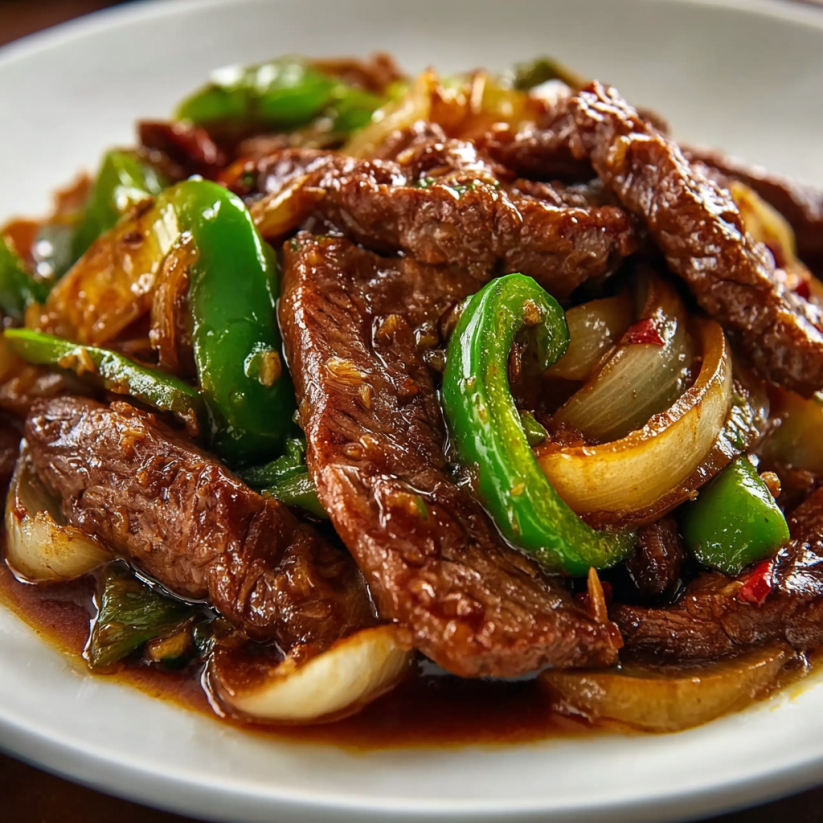 Eine Platte mit einer Mischung aus Fleisch und Zwiebeln, die in einem Sauce serviert werden.