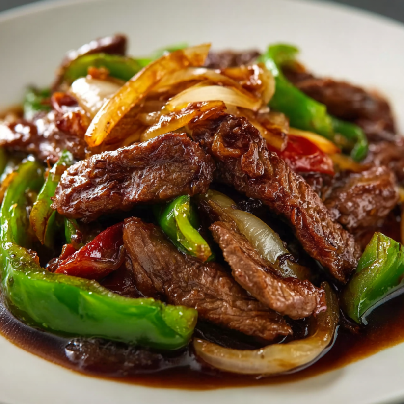 Ein Bild von einer chinesischen Pepper Steak mit Onions auf einem weißen Teller.