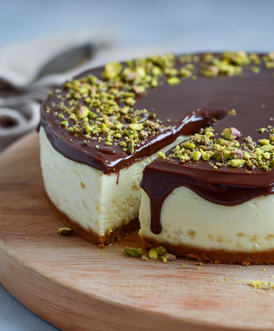 Eine Schokoladen-Cheesecake auf einem Holzbrett.