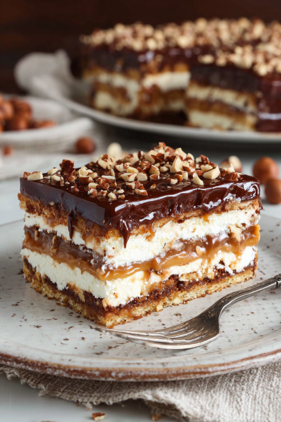 Ein Butterkeks-Kuchen ohne Backen mit Milchmädchen Karamell (2025) auf einem Teller.